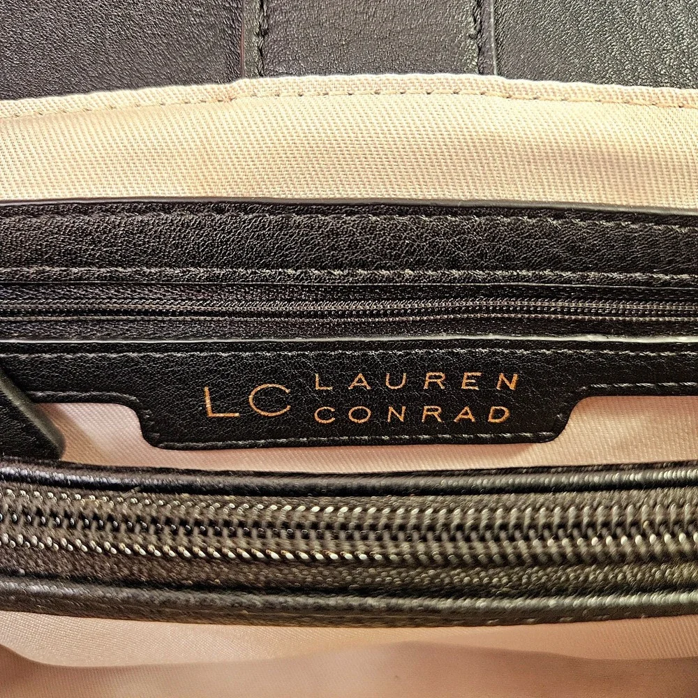 Lauren Conrad Black Faux Pebble‎ Leather & Suede Handbag Satchel Purse Rose Gold